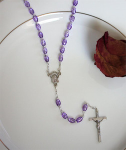 Italian Rosary Necklace with Lavender Oval Beads & Silver Cross in a Box