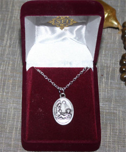 Oxidized Guardian Angel Medal Silver Necklace in Red Velvet Gift Box