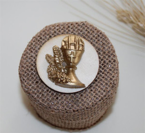 Natural Burlap Jute  Rosary Box with Communion Chalice