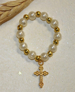 Pearl and Gold Beads Elastic Finger Rosary