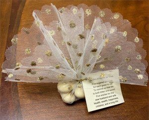 Italian Organza Tulle Circles with Ivory Dots with 5 Ivory Jordan Almonds Wedding Favors