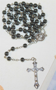 Shiny Black Rosary 18-inch Long with 8 mm Round Beads and Silver Cross