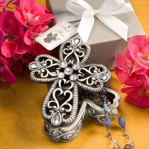 Pewter Cross Shaped Curio Box W/ Rhinestones in a Fancy Box & Ribbon