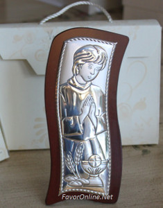 Large Italian Argento Communion Boy on Wood Standing Plaque