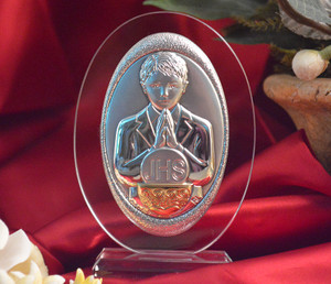 Large Italian Argento First Communion Boy Icon on Oval Crystal