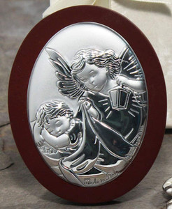 Large Argento Guardian Angel Oval Icon on Cherry Wood - Imported from Italy Large Argento Guardian Angel Oval Icon on Cherry Wood - Imported from Italy