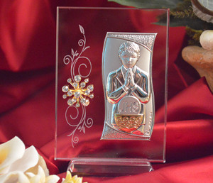 Italian Argento First Communion Boy Silver and Gold on Glass with Swarovski Crystal Italian Argento First Communion Boy Silver and Gold on Glass with Swarovski Crystal