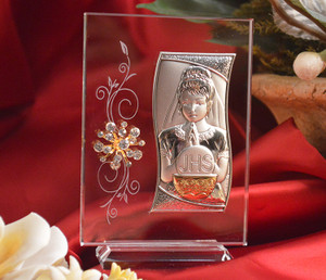 Italian Argento First Communion Girl Silver and Gold on Glass with Swarovski Crystal Italian Argento First Communion Girl Silver and Gold on Glass with Swarovski Crystal