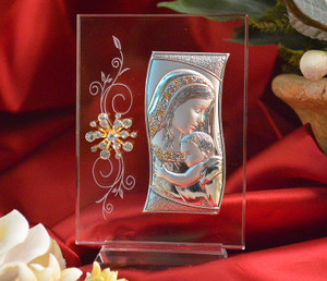 Italian Argento Mother and Child Silver and Gold Icon on Glass with Swarovski Crystal Italian Argento Mother and Child Silver and Gold Icon on Glass with Swarovski Crystal