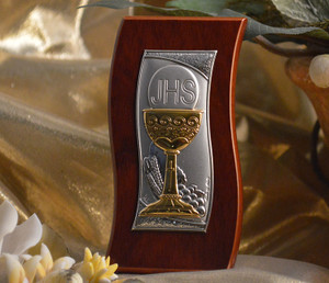 Italian Silver Chalice Icon On A Wavy Wood Stand