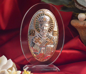 Italian Silver Greek Orthodox Saint Nicholas Icon On Oval Glass Stand