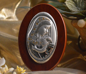 Italian Silver Mother And Child Icon On An Oval Wood Stand