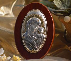 Italian Silver Greek Orthodox Mother Mary Icon On An Oval Wood Stand