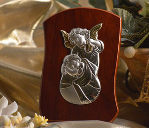 Large Italian Silver Guardian Angel Icon On A Teardrop Wood Stand