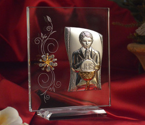 Italian Silver First Communion Boy Icon On A Glass Stand - Large Size