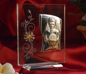 Italian Silver First Communion Girl Icon On A Glass Stand - Medium Size