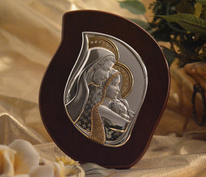 Italian Silver Holy Family Icon On an Eye Drop Wood Stand