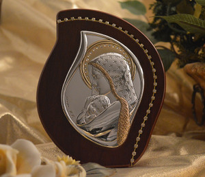 Italian Silver Mother And Child Icon On an Eye Drop Wood Stand with Swarovski Crystal