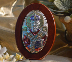 Italian Silver Greek Orthodox Saint Nicholas Icon With Colors On A Wood Stand