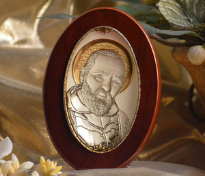 Italian Silver Icon San Pio Of Pietrelcina On Oval Wood Italian Silver Icon San Pio Of Pietrelcina On Oval Wood