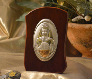 Italian Silver First Communion Girl Icon On A Wood Stand Italian Silver First Communion Girl Icon On A Wood Stand