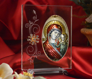 Italian Silver Greek Orthodox Mother Mary Icon With Color Swith Swarovski Crystal
