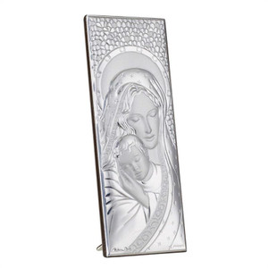 Italian Argento Mother and Child Full Silver Icon on Wood Stand - Large Italian Argento Mother and Child Full Silver Icon on Wood Stand - Large