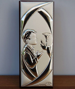 Communion Boy Full Silver Icon on Wood Stand - Made in Italy Communion Boy Full Silver Icon on Wood Stand - Made in Italy