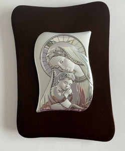 Italian Silver Mother and Child Icon on Oval Cherry Wood