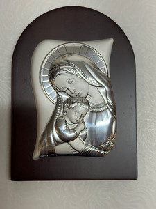 Italian Silver Mother and Child Icon on Oval Cherry Wood