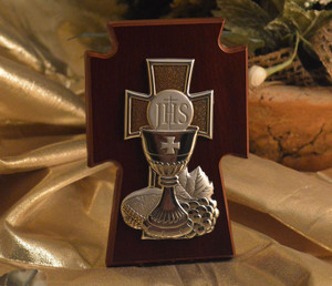 Italian Silver and Gold First Communion Chalice on Wood Cross Stand