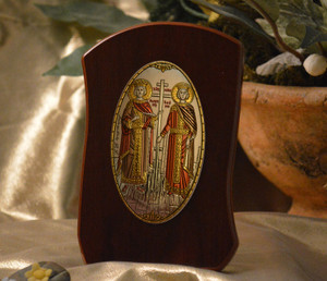 Italian Silver Orthodox Greek Icon Saints Constantine & Helen On Wood