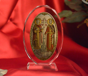 Italian Silver Orthodox Greek Icon Saints Constantine & Helen On A Wood Stand