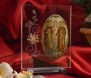 Silver Orthodox Greek Icon Saints Constantine & Helen Made In Italy Icon On A Wood Stand