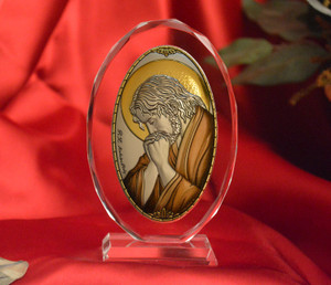 Italian Silver Praying Jesus Icon On Glass Stands