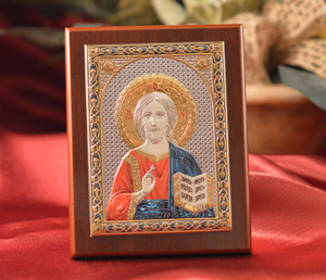 Italian Silver Greek Orthodox Pantocrator Christ Color Icon On A Wood Stand