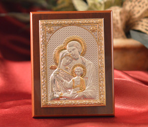 Italian Silver Greek Orthodox Holy Family Icon On A Wood Stand