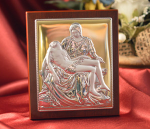 Italian Silver Icon Michelangelo's Pieta On A Wood Stand