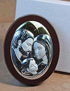 Pure Italian Argento Holy Family Icon on Wood Oval Shape