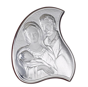 Italian Argento Holy Family Large Tear Drop Silver Icon on Wood Stand Italian Argento Holy Family Large Tear Drop Silver Icon on Wood Stand