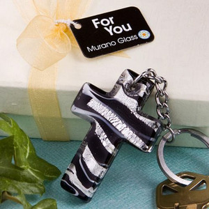 Murano Cross Keychain Black and White in a Fancy Favor Box with Ribbon
