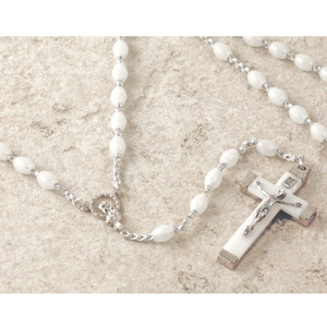 Italian Rosary w/White & Silver Cross and Oval Beads in Box Italian Rosary w/White & Silver Cross and Oval Beads in Box