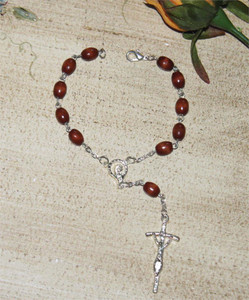Wooden Italian Mini-Rosary Bracelet w/Silver Chain & Papal Cross