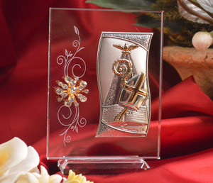 Italian Silver Confirmation Icon On A Glass Stand With Swarovski Crystals