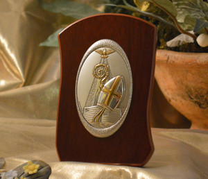 Italian Silver Confirmation icon on a wood stand Italian Silver Confirmation icon on a wood stand