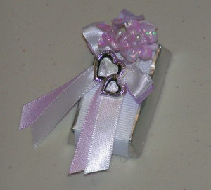 Fancy Chocolate w/ Lavender Bouquet, Ribbons & 2-Hearts