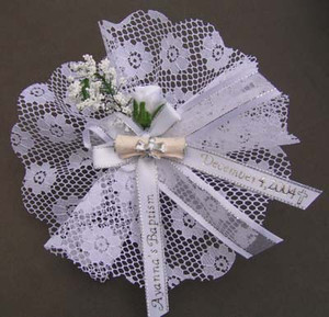 Fancy Italian Lace Tulle w/Graduation Diploma, Flower Bouquet, Jordan Almonds & Ribbons Fancy Italian Lace Tulle w/Graduation Diploma, Flower Bouquet, Jordan Almonds & Ribbons