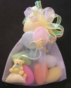 Organza Bag w/Colorful Teddy Bear, Baby & Balloons filled w/ Assorted Jordan Almonds Organza Bag w/Colorful Teddy Bear, Baby & Balloons filled w/ Assorted Jordan Almonds