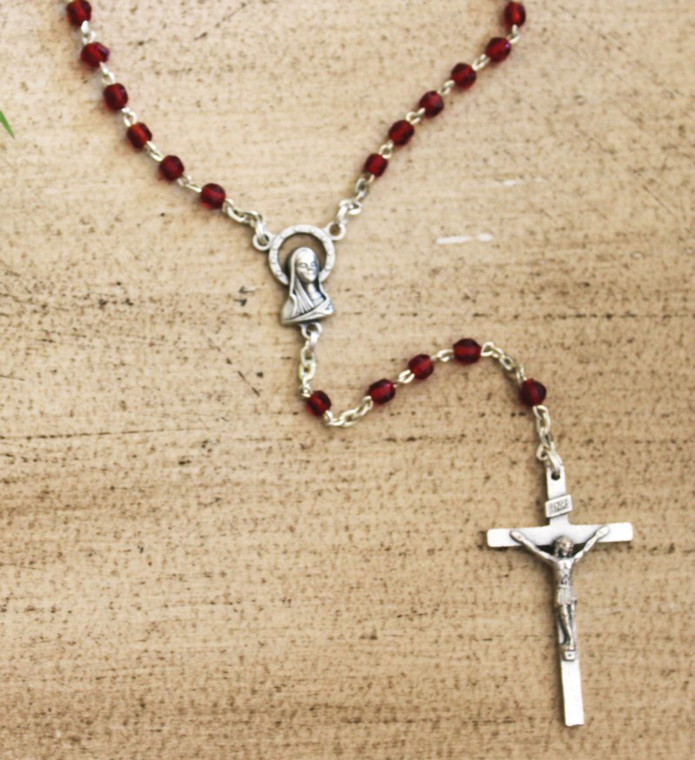 Italian Rosary with Brilliant Red Beads and Silver Cross
