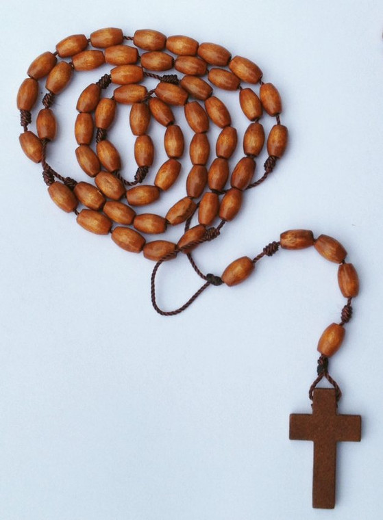 Long 20" Hand-Crafted Wood Rosary with Oval Beads and Cross